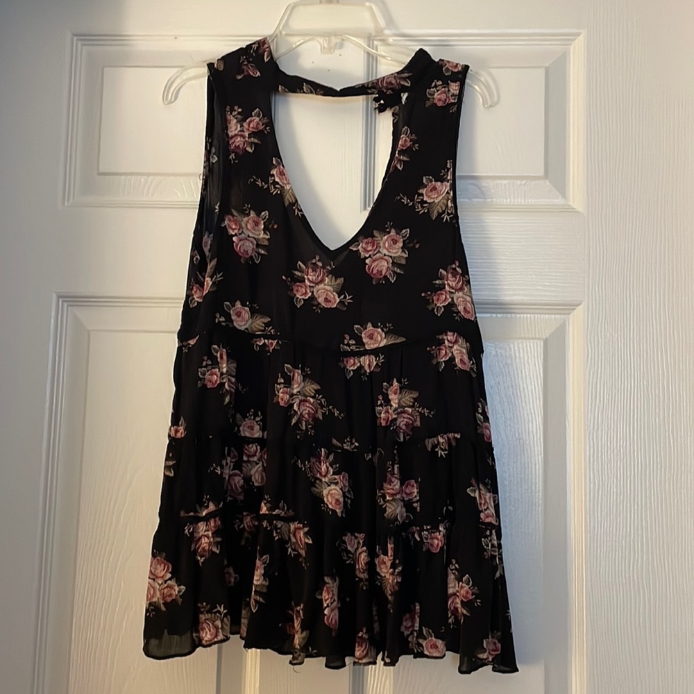 Black floral top with vneck and low back details